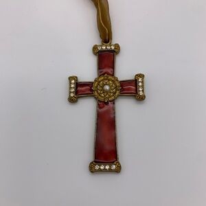 Vtg. Byzantine Casa Cristina Red Enable Gold Tone Metal Cross Ornament Pendant